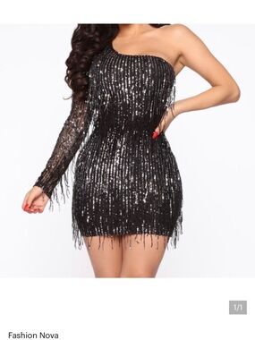 Fashion Nova Black One-Shoulder Sequin Fringe Mini Dress